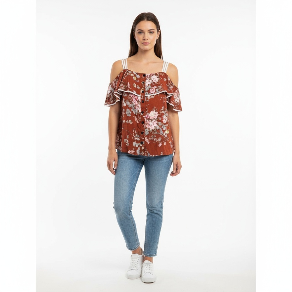 NWT Rosegal‎ Blouse Womens Size L Rust Floral Off Shoulder Ruffle Button Front